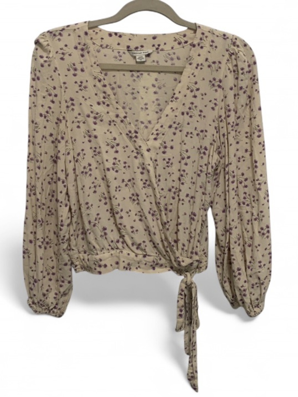 American Eagle Outfitters Cream Wrap Long Sleeve Blouse with Purple Floral Print